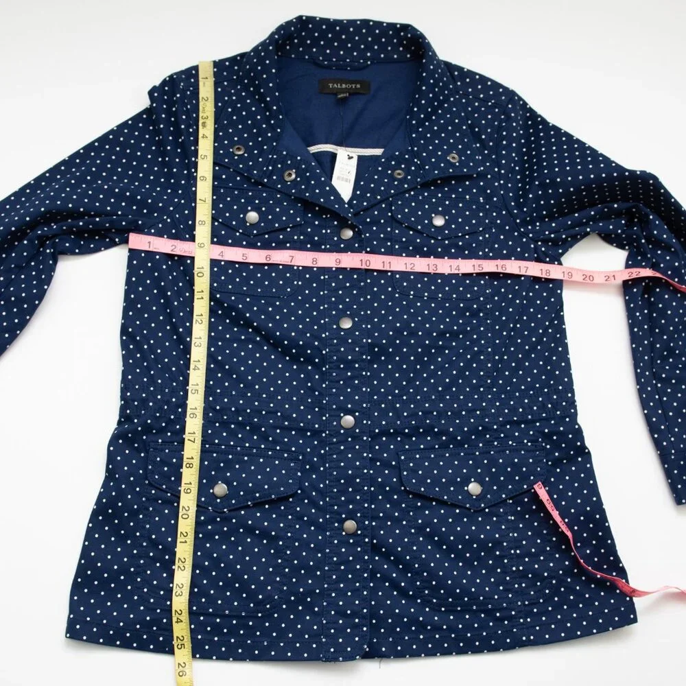 Talbots Casual Drawcord Jacket Polka Dot SnapFront Blue White Size Small New